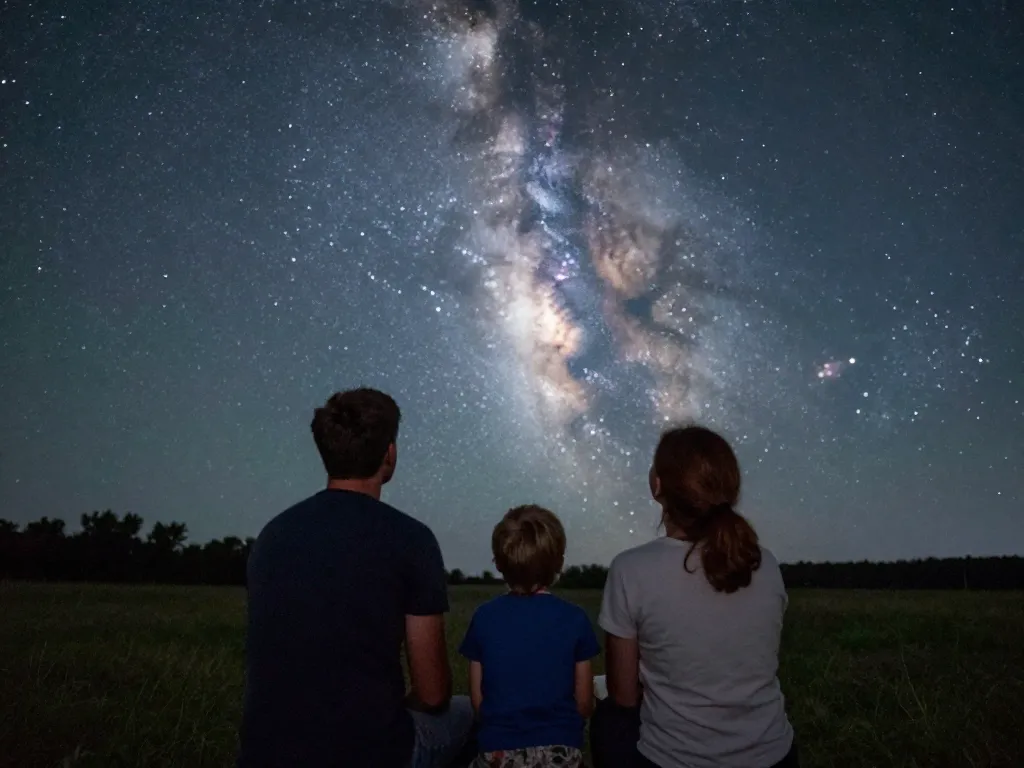 Une famille admire les phénomènes célestes et la Voie lactée dans un ciel nocturne dégagé.