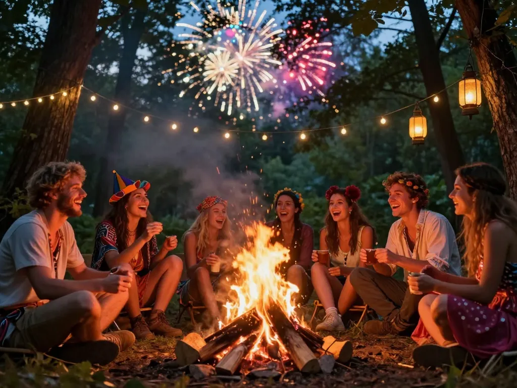Groupe d'amis joyeux célébrant un festival nocturne en forêt autour d'un feu de camp avec des feux d'artifice en arrière-plan.