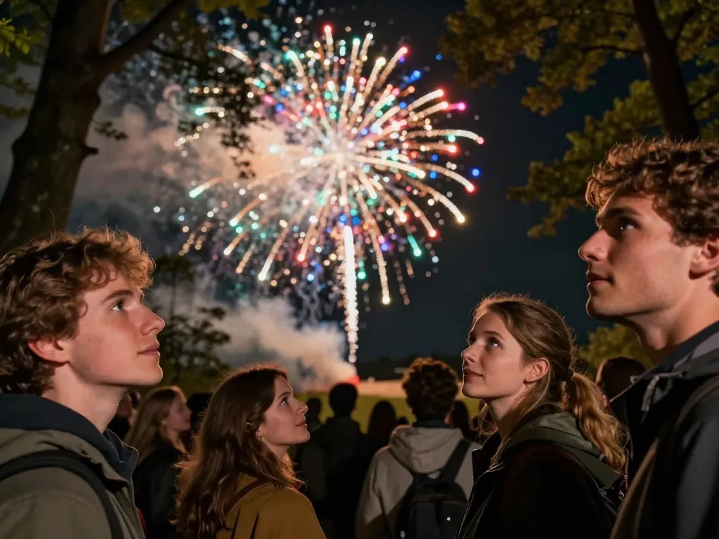 Un groupe de personnes émerveillées regardant des feux d'artifice écoresponsables illuminer le ciel nocturne au-dessus d'une clairière boisée.