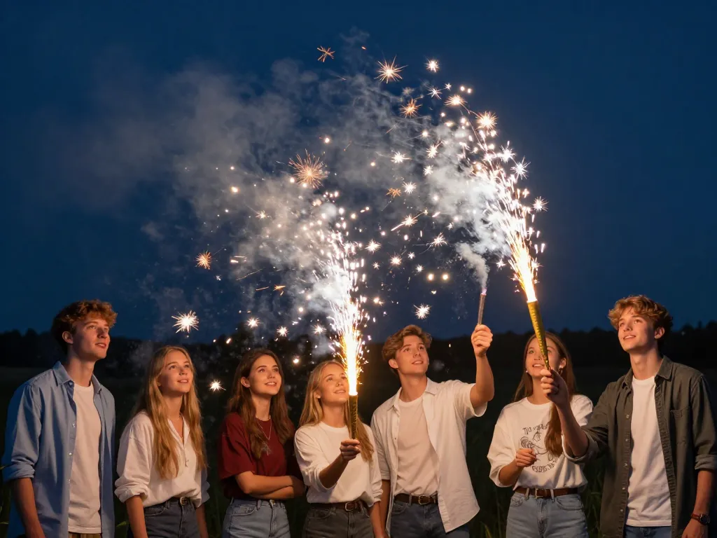 Groupe d'amis célébrant avec un feu d'artifice écologique et lumineux dans un environnement naturel nocturne.