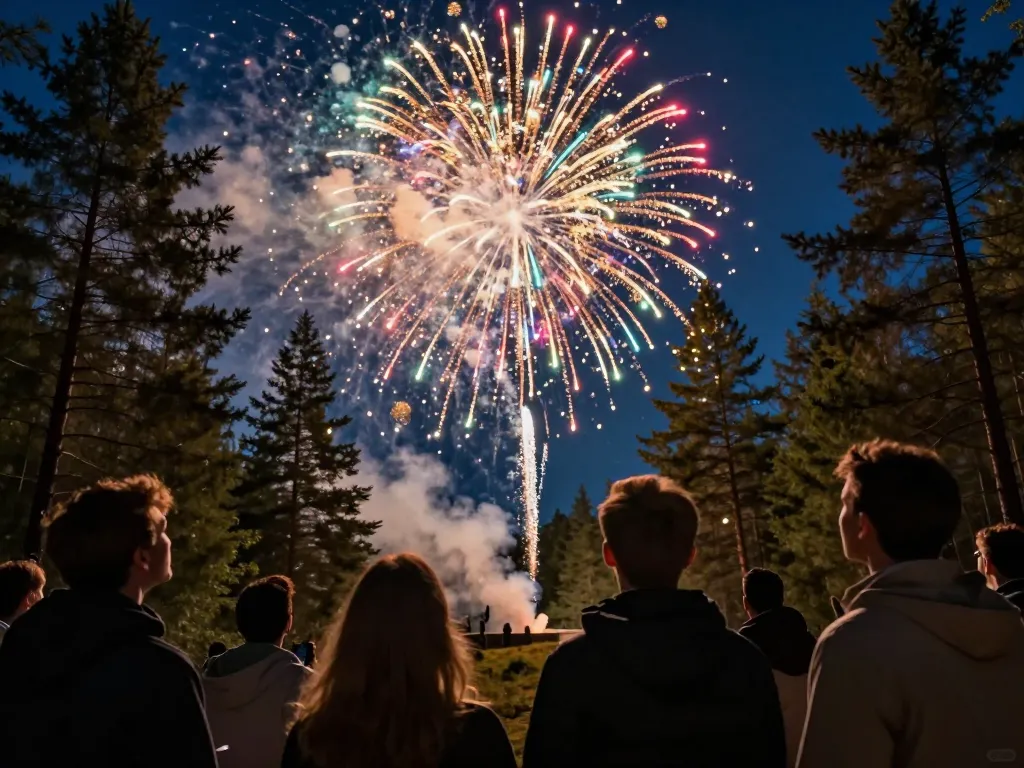 Un groupe de personnes admirant un feu d'artifice majestueux et coloré qui éclate dans le ciel nocturne au-dessus d'une forêt.