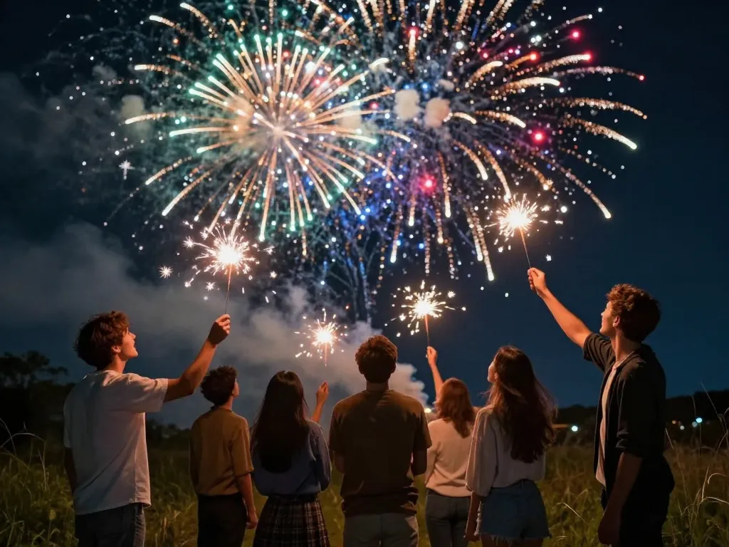 Groupe de personnes admirant un spectacle de feux d'artifice écologiques formant une nébuleuse et une pluie d'étoiles dans le ciel nocturne.