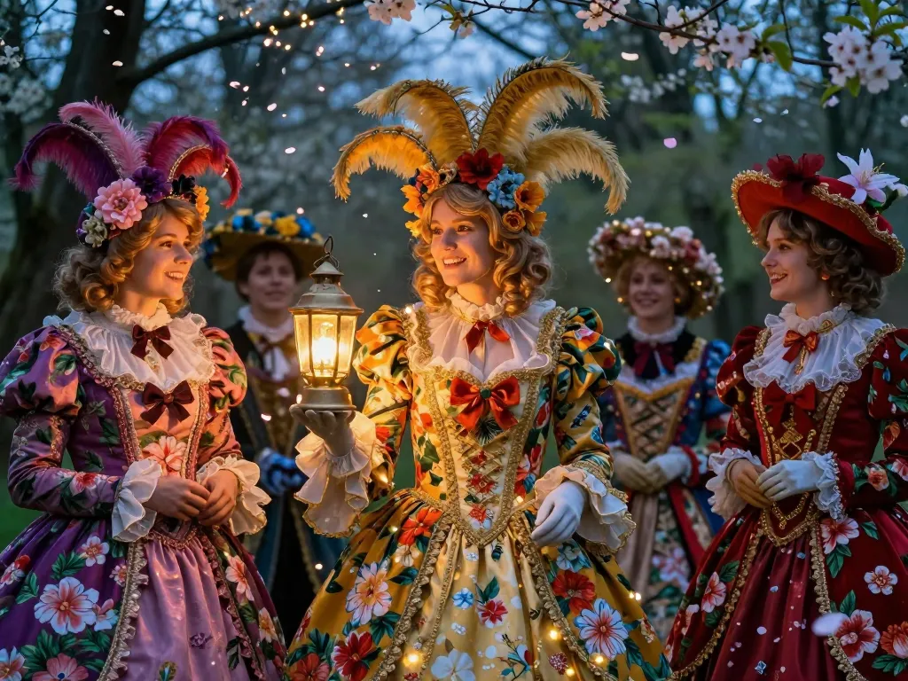Groupe de personnes en costumes fleuris célébrant un carnaval nocturne dans une forêt printanière illuminée de lanternes.