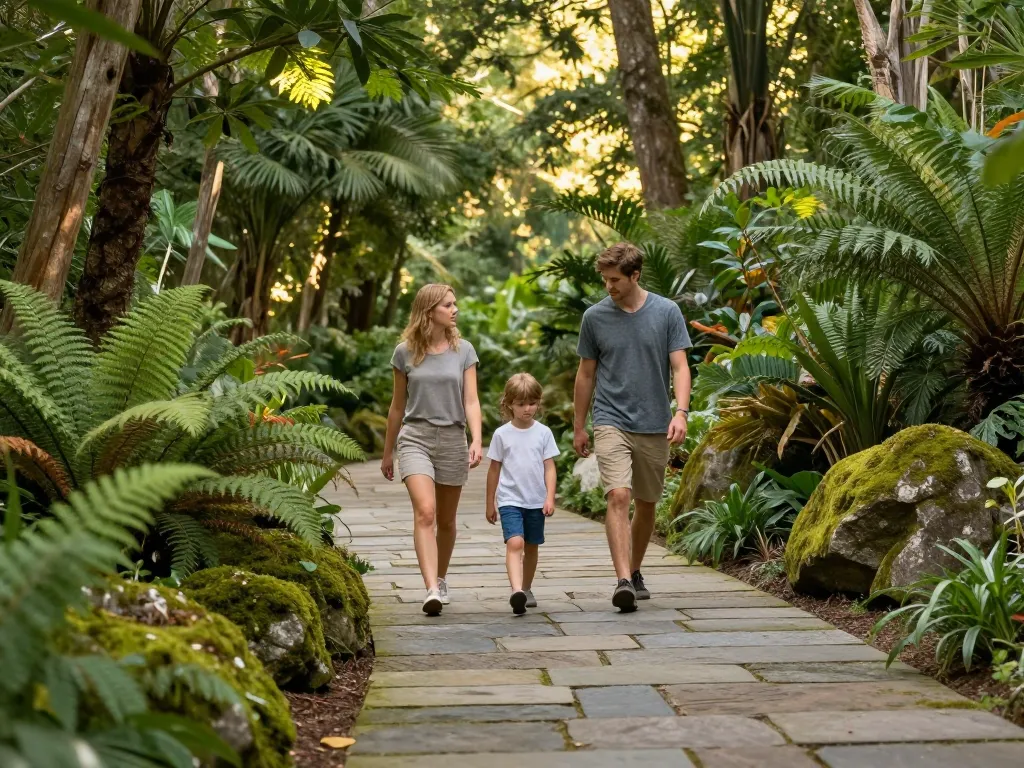 Famille se promenant sur un sentier en pierre naturelle au cœur d'une forêt dense et lumineuse.