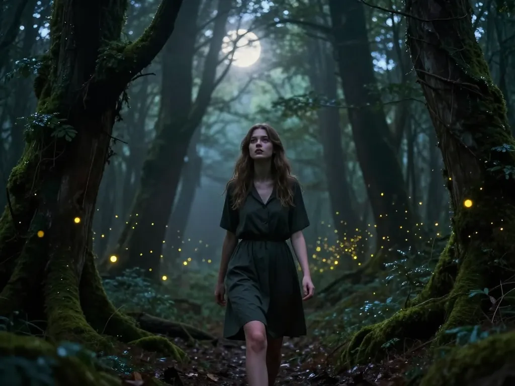 Une jeune femme émerveillée par des éclats de lumière dorée au cœur d'une forêt mystique et brumeuse la nuit.