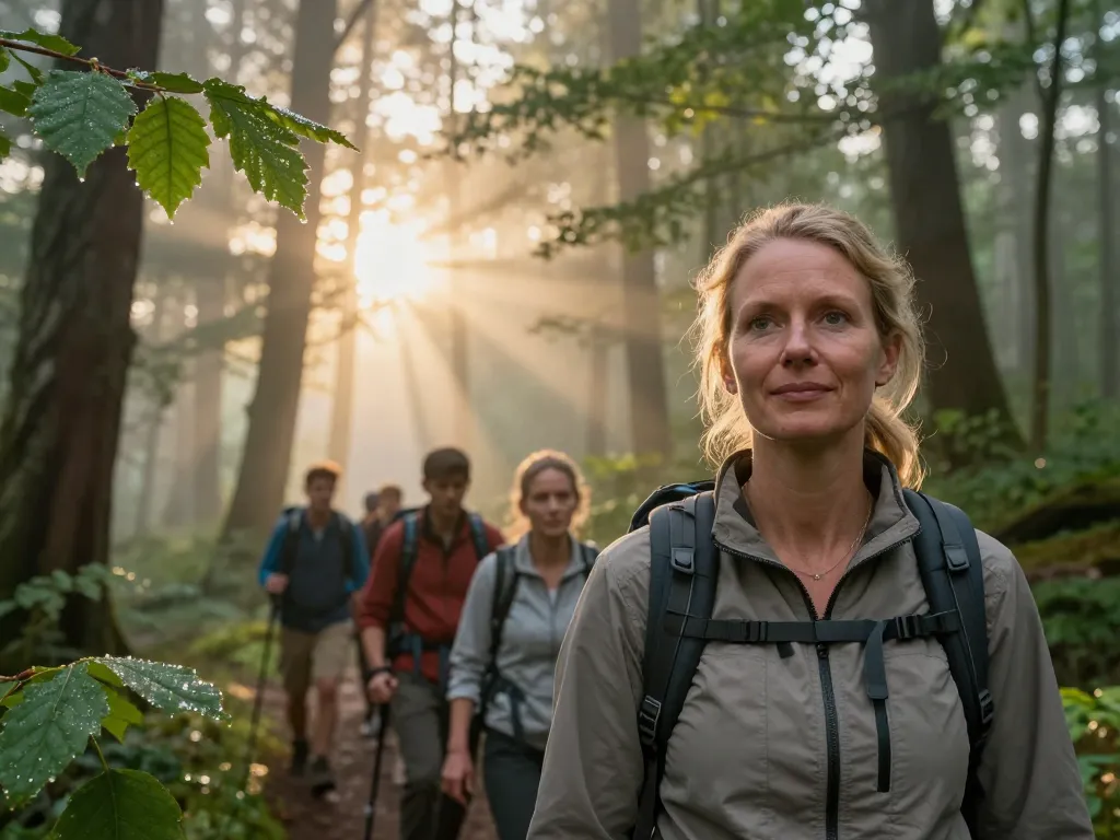Une guide locale souriante accompagne un groupe de randonneurs au cœur d'une forêt lumineuse lors d'un lever de soleil majestueux.