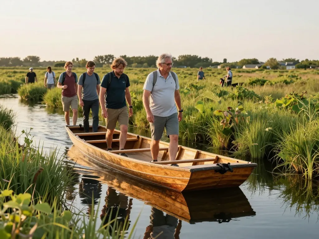 Un groupe de randonneurs et leur guide explorant les marais de Charente-Maritime en barque traditionnelle au milieu des roseaux.