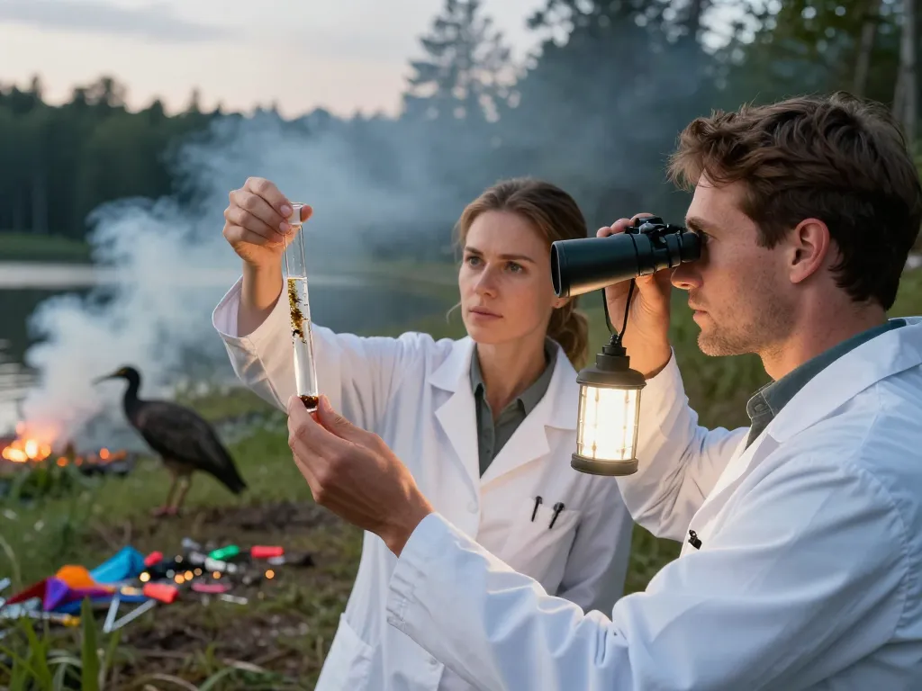 Des scientifiques analysant la qualité de l'eau et observant la faune sauvage après un spectacle de feux d'artifice en pleine nature.