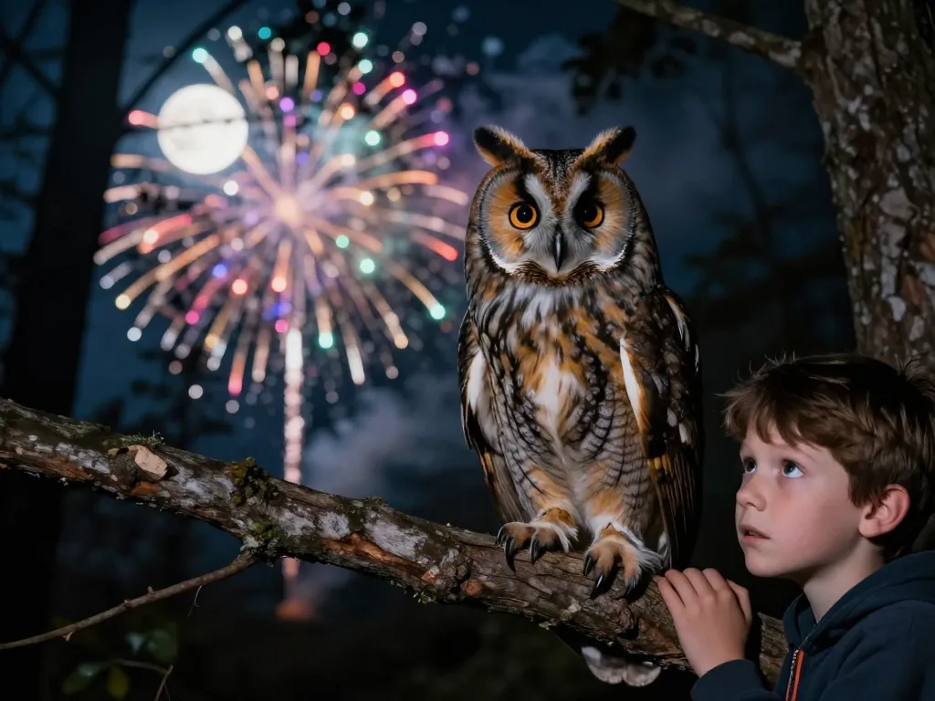 Un hibou aux yeux écarquillés perché sur une branche observant des feux d'artifice lointains dans une forêt nocturne à côté d'un enfant attentif.