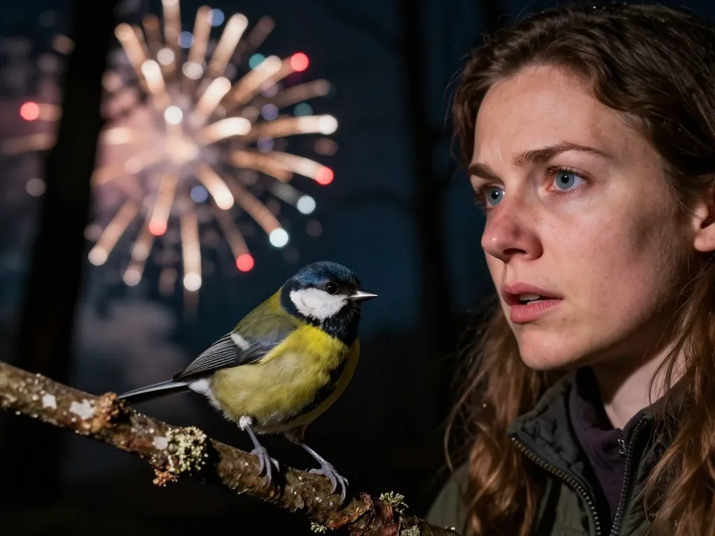 Une femme observe avec inquiétude un petit oiseau sauvage perturbé par les éclats de feux d'artifice nocturnes.