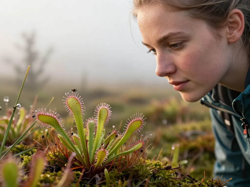 Une randonneuse observe de près des insectes piégés sur les feuilles collantes d'une droséra dans une tourbière ensoleillée.
