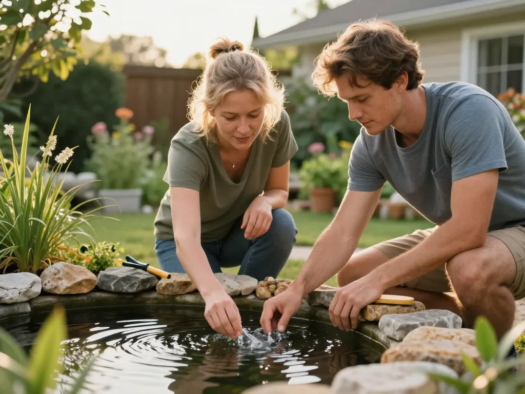 Une experte montre à un jeune homme comment installer un bassin naturel dans un jardin fleuri pour favoriser la biodiversité.