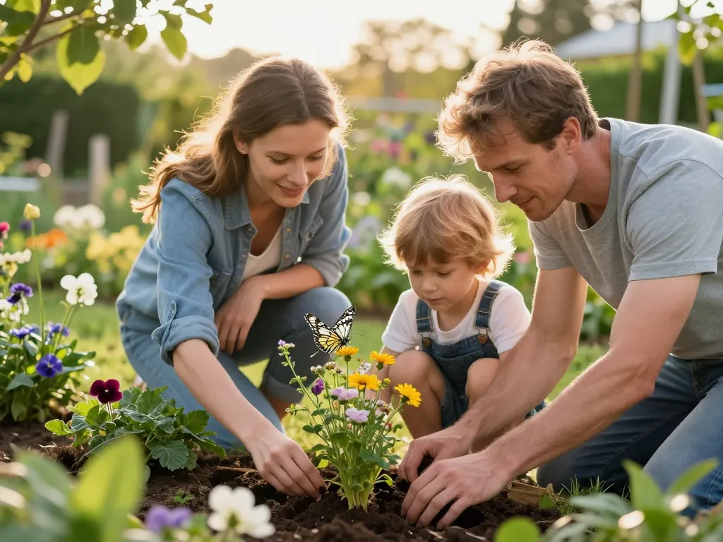 Une famille partage un moment de jardinage dans un jardin naturel et foisonnant de fleurs sauvages.