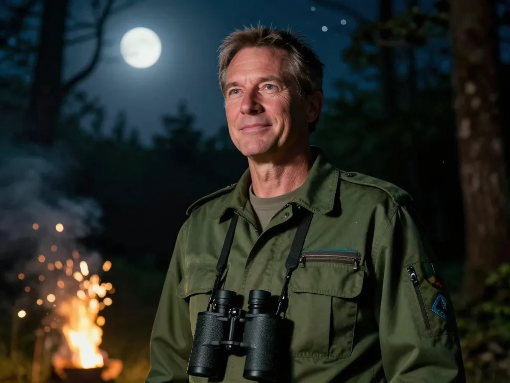 Portrait d'un gardien de la forêt nommé Jean observant avec satisfaction un spectacle pyrotechnique respectueux de l'environnement sous un ciel étoilé.