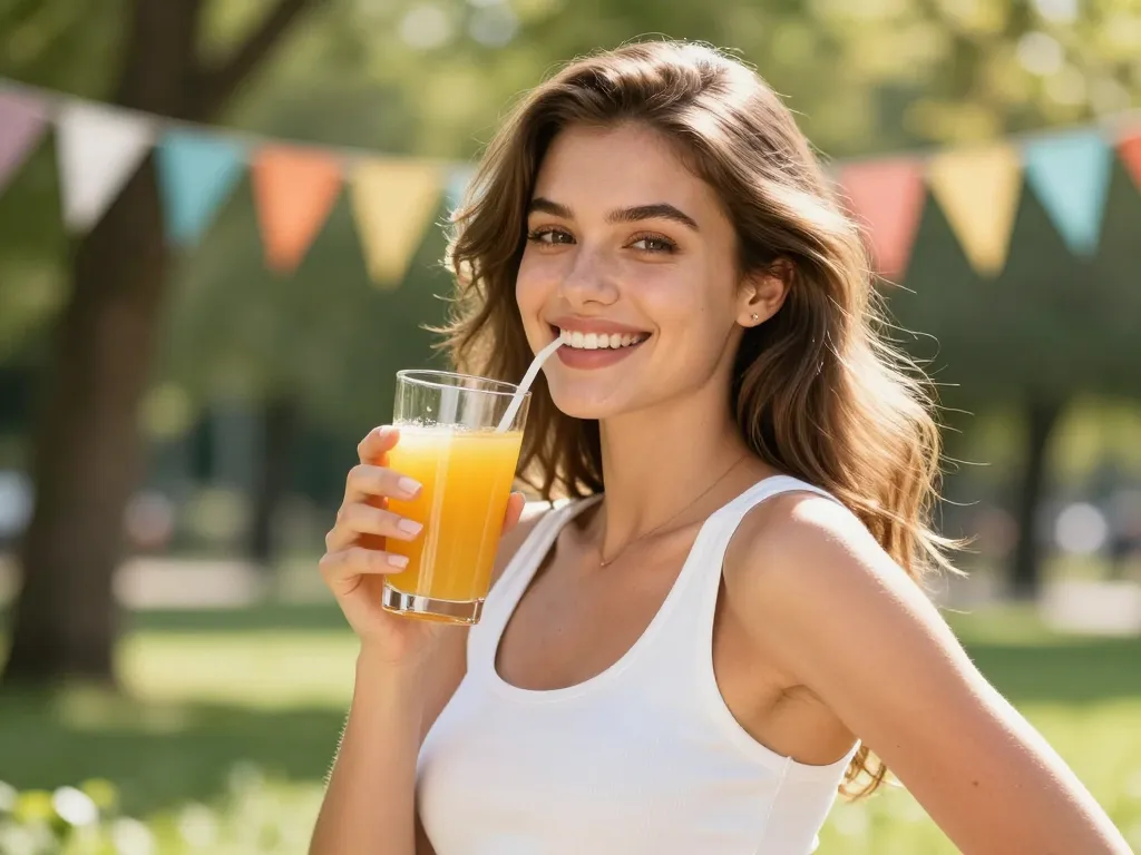 Jeune femme rayonnante et pleine de vitalité tenant un jus de légumes dans un cadre naturel et festif pour illustrer son changement de vie.