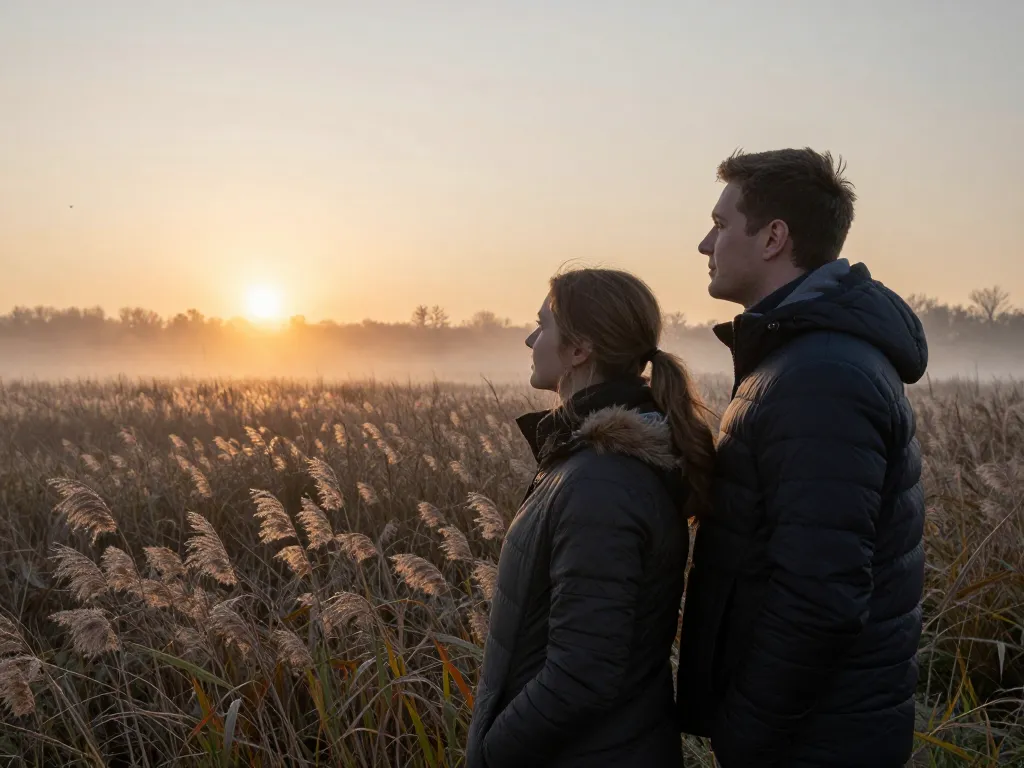 Un couple contemple la brume matinale et le lever du soleil sur une réserve naturelle paisible.