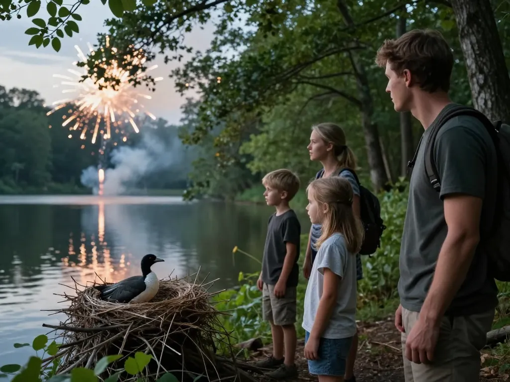 Une famille observe attentivement un oiseau niché dans un arbre au bord d'un lac sous la lueur de feux d'artifice écologiques.