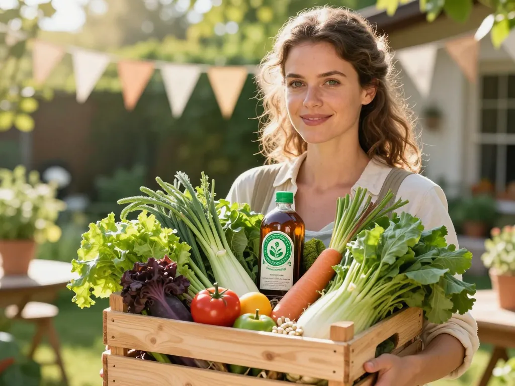 Une femme souriante tenant un panier de légumes frais et de compléments alimentaires bio dans un jardin festif ensoleillé.