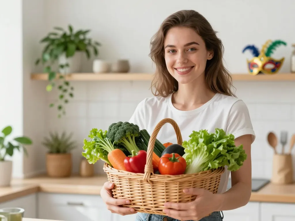 Jeune femme souriante présentant un panier de produits bio frais dans un intérieur sain et écologique.