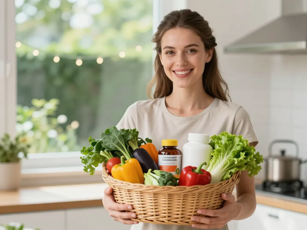 Une femme radieuse dans une cuisine ensoleillée préparant un repas équilibré avec des produits naturels et des compléments de qualité.