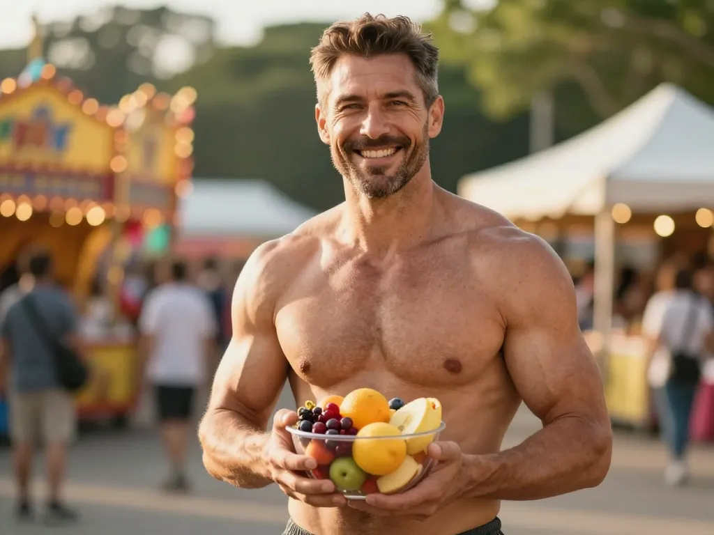 Portrait de Marc, un homme souriant et plein de vitalité dans un parc lors d'un festival, illustrant son bien-être et sa transformation quotidienne.