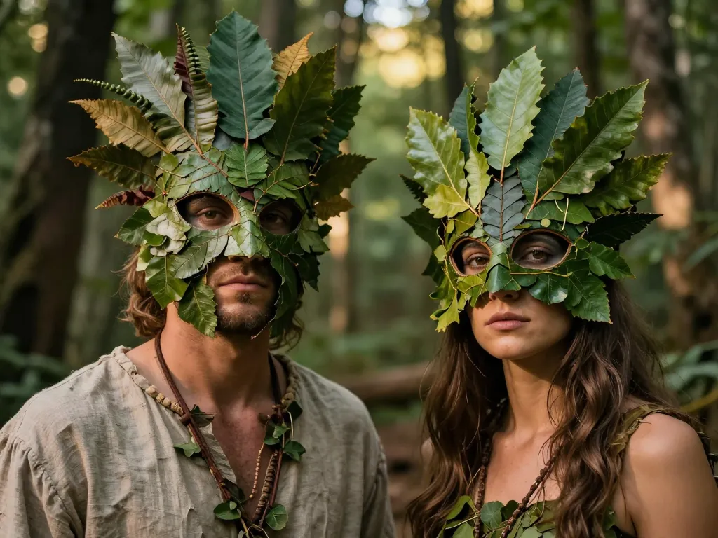 Portrait réaliste d'un homme et d'une femme portant des masques de feuilles détaillés lors d'une fête de la nature en forêt.