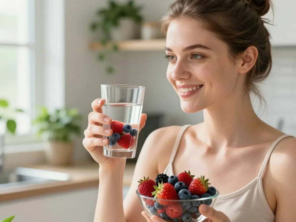 Une femme souriante tenant un bol de baies fraîches et un verre d'eau dans une cuisine lumineuse pour illustrer les bienfaits de la micronutrition.