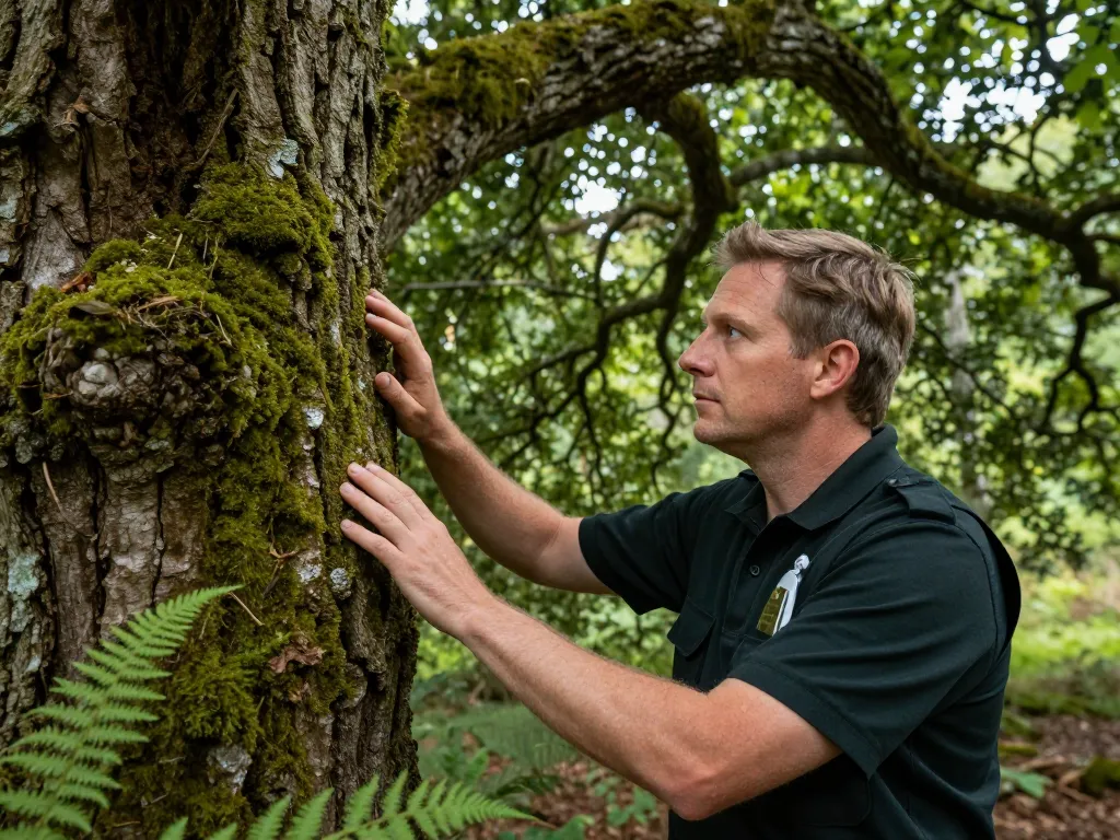 Un expert en environnement examinant un arbre séculaire au cœur d'une forêt ancienne protégée.