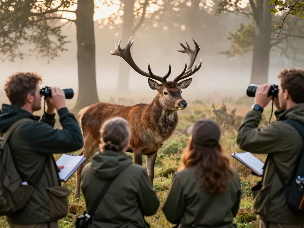 Un groupe de naturalistes passionnés observant discrètement un cerf majestueux dans une forêt matinale brumeuse lors d'une action de terrain.