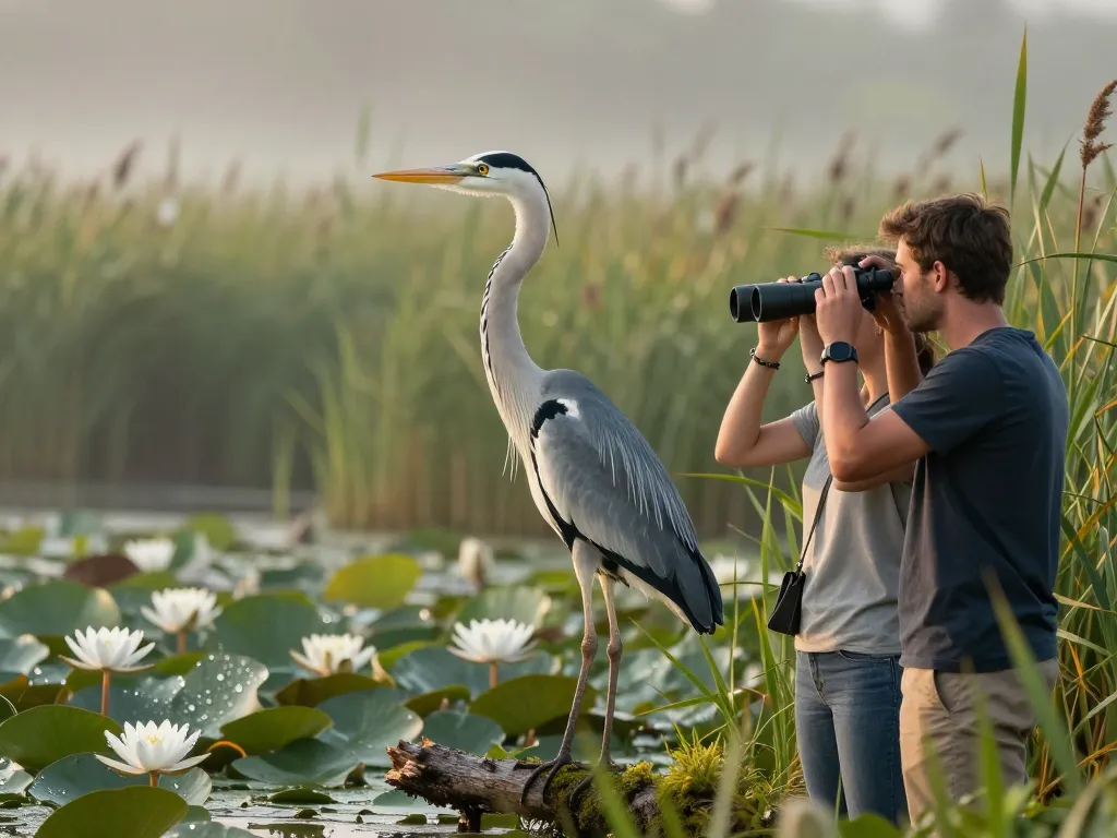Un homme et une femme observent un héron cendré majestueux dans un marais brumeux au lever du soleil.