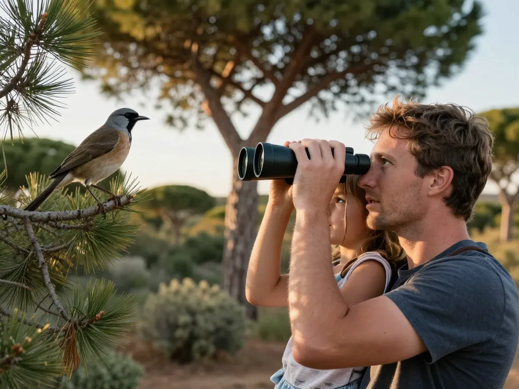 Un père et sa jeune enfant observant un oiseau rare avec des jumelles au cœur d'un espace naturel protégé dans le Var lors du coucher du soleil.