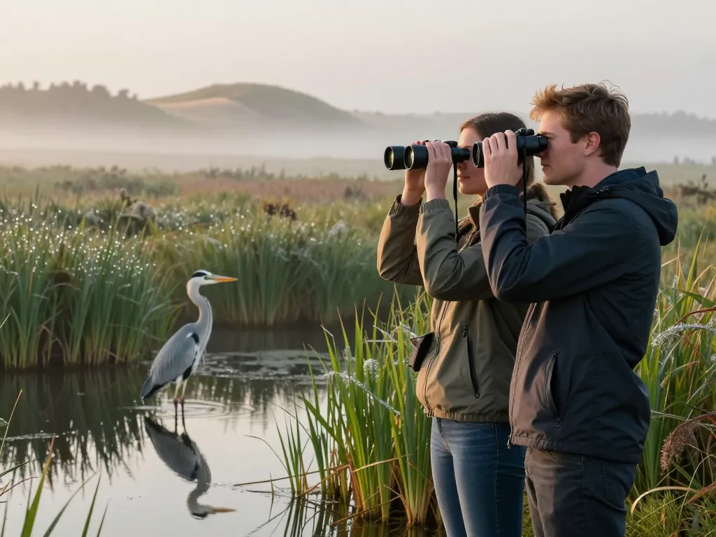 Un couple observe un héron cendré avec des jumelles dans une zone humide littorale au lever du soleil, avec des reflets sur l'eau et une brume légère.