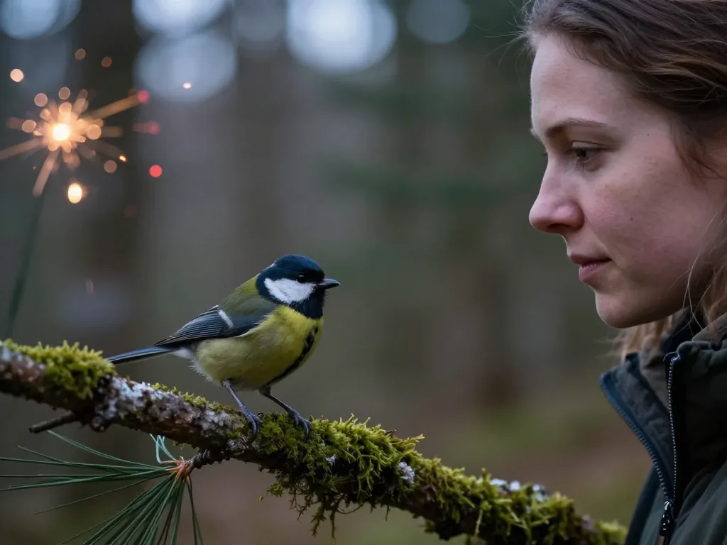 Un petit oiseau forestier posé sur une branche moussue avec une personne observant au loin des lueurs de feux d'artifice au crépuscule.