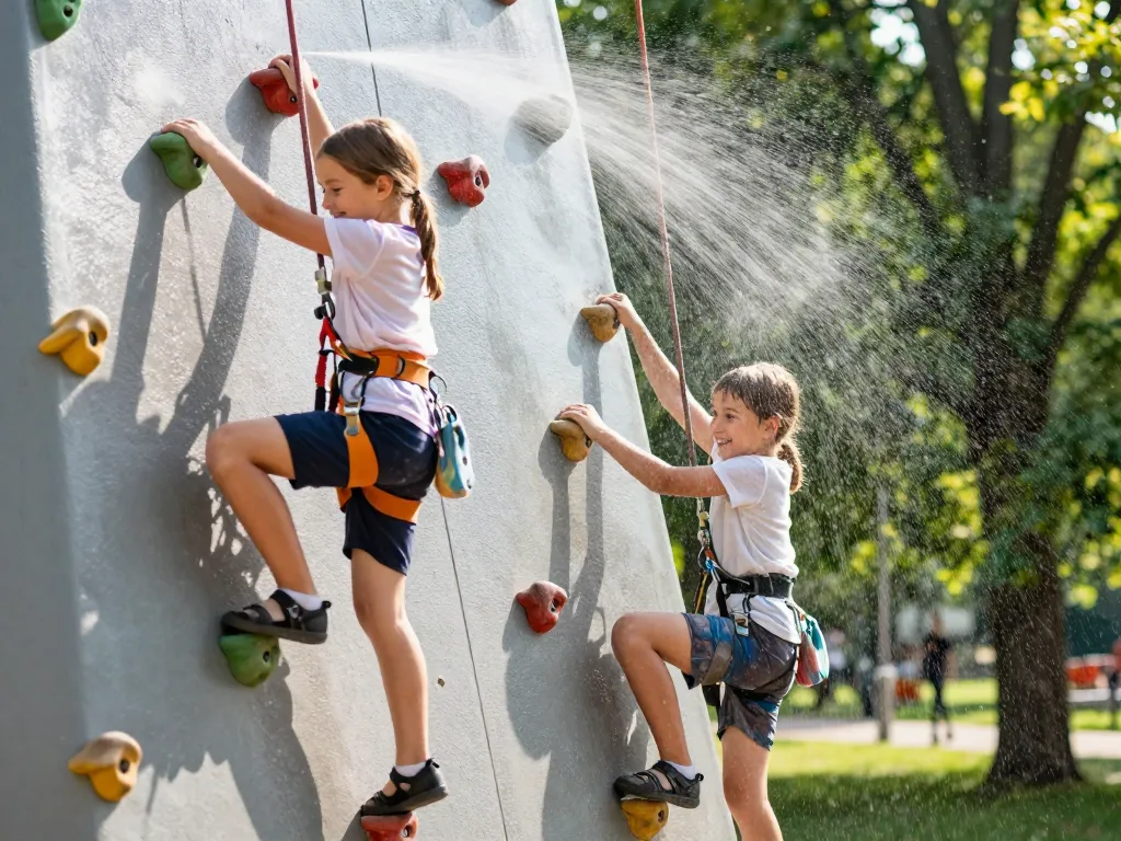 Deux enfants s'amusent sur une structure d'escalade mobile avec des jets de brumisation rafraîchissants dans un parc verdoyant.