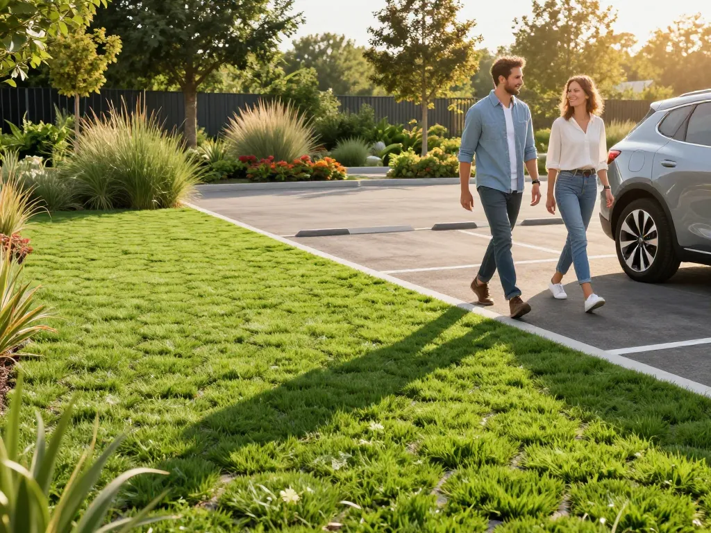 Aménagement d'un parking vert avec dalles alvéolées engazonnées et un couple marchant dans un jardin paysager durable.