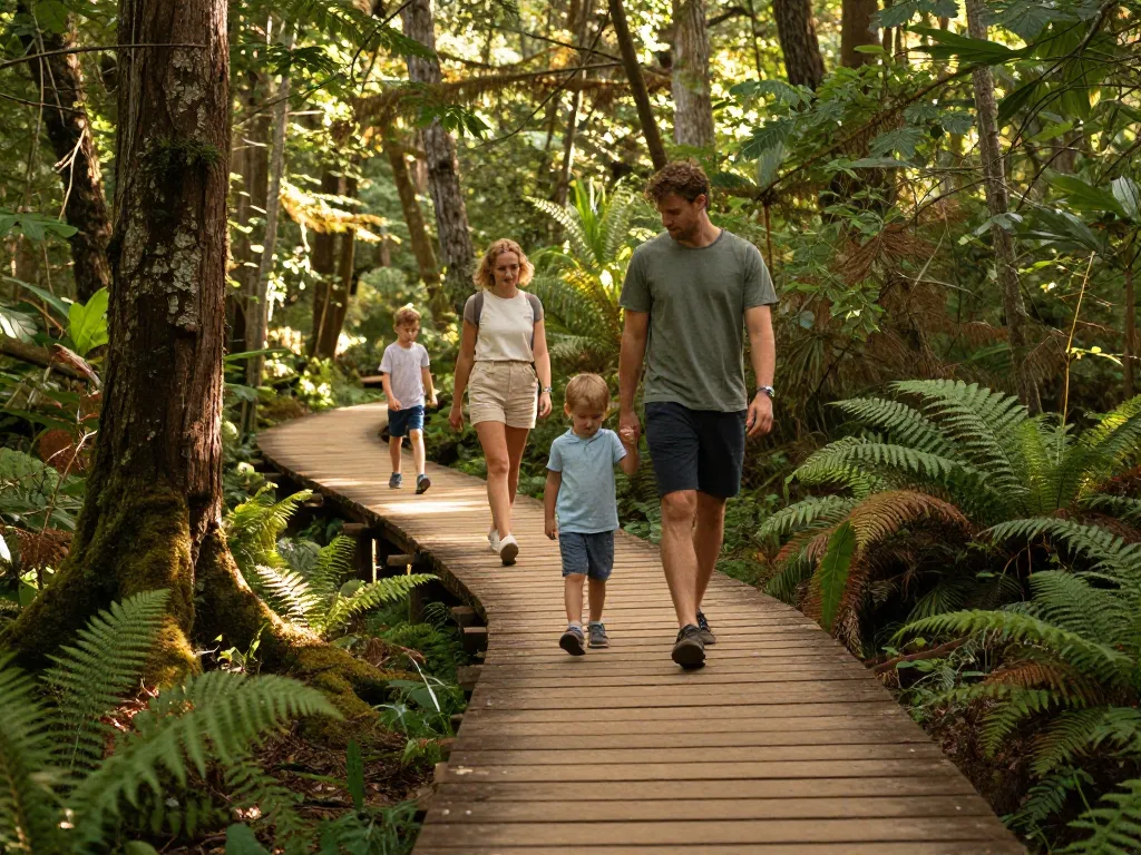 Une famille se promène sur une passerelle en bois au cœur d'une forêt verdoyante et préservée.