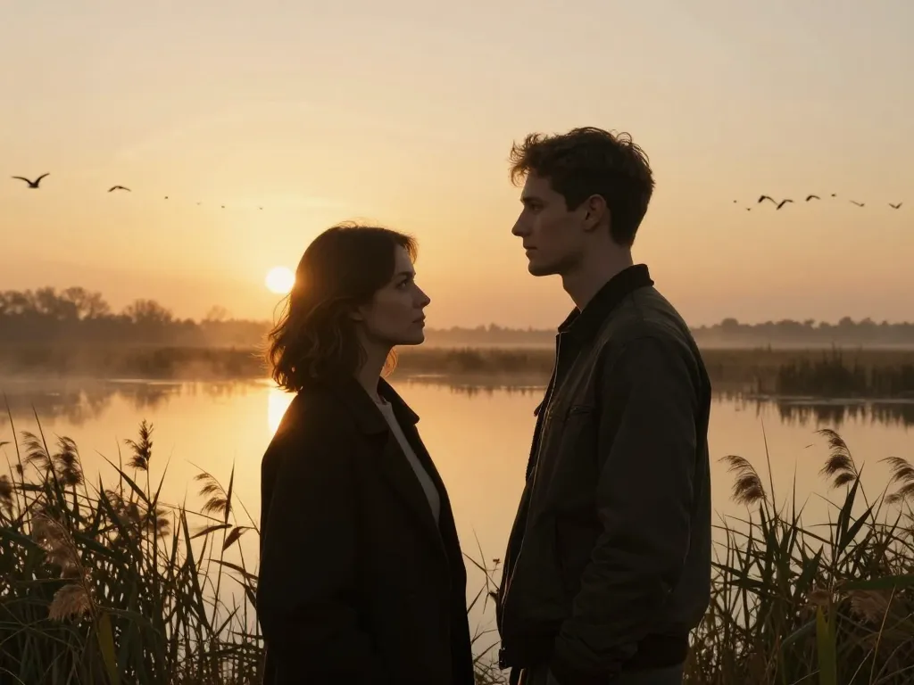 Un couple de randonneurs admirant la splendeur d'un paysage de marais au coucher du soleil avec des reflets sur l'eau et une brume légère.