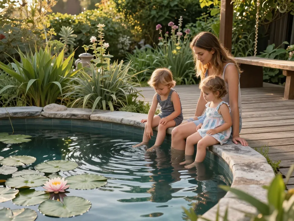 Une famille admire un bassin naturel écologique entouré de végétation luxuriante et de nénuphars lors d'un coucher de soleil.