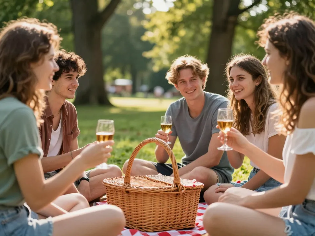 Un groupe d'amis partageant un pique-nique convivial sur une nappe à carreaux dans un parc verdoyant à Lille sous le soleil d'été.