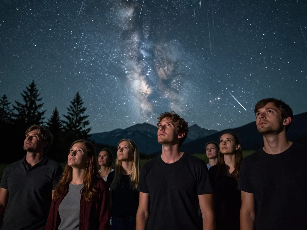 Une famille émerveillée observant une pluie de météores éclatante dans un ciel nocturne au-dessus d'un paysage naturel.