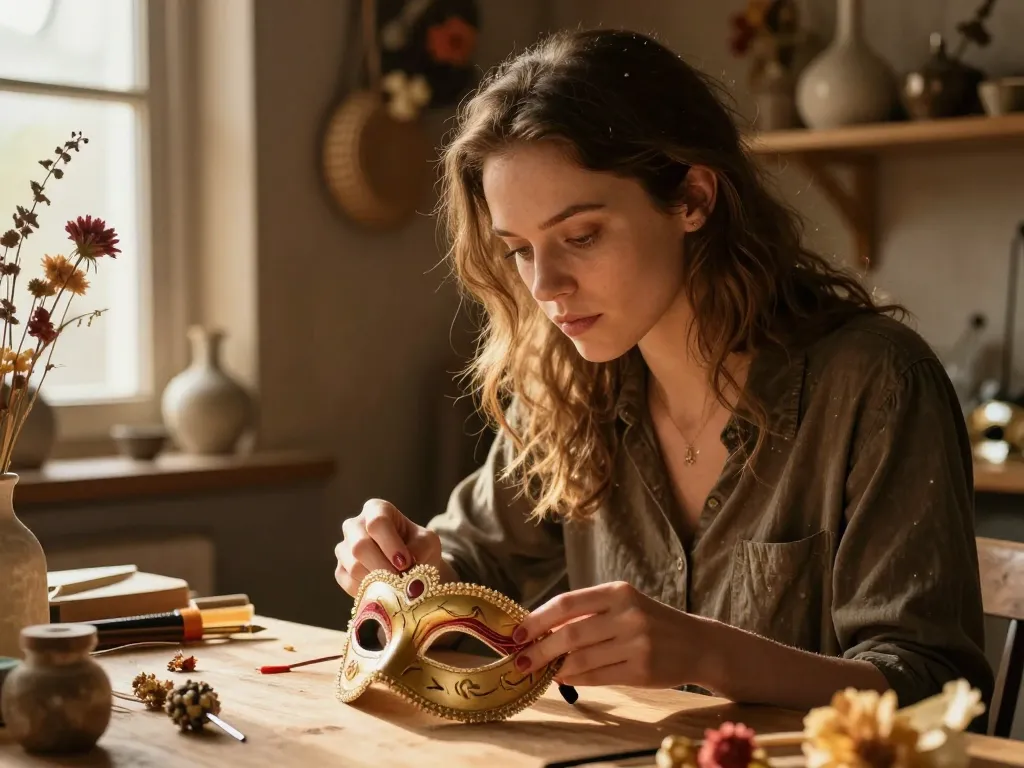 Portrait d'Amélie, une artisane travaillant avec minutie sur la création d'un masque de carnaval traditionnel dans son atelier baigné de lumière.