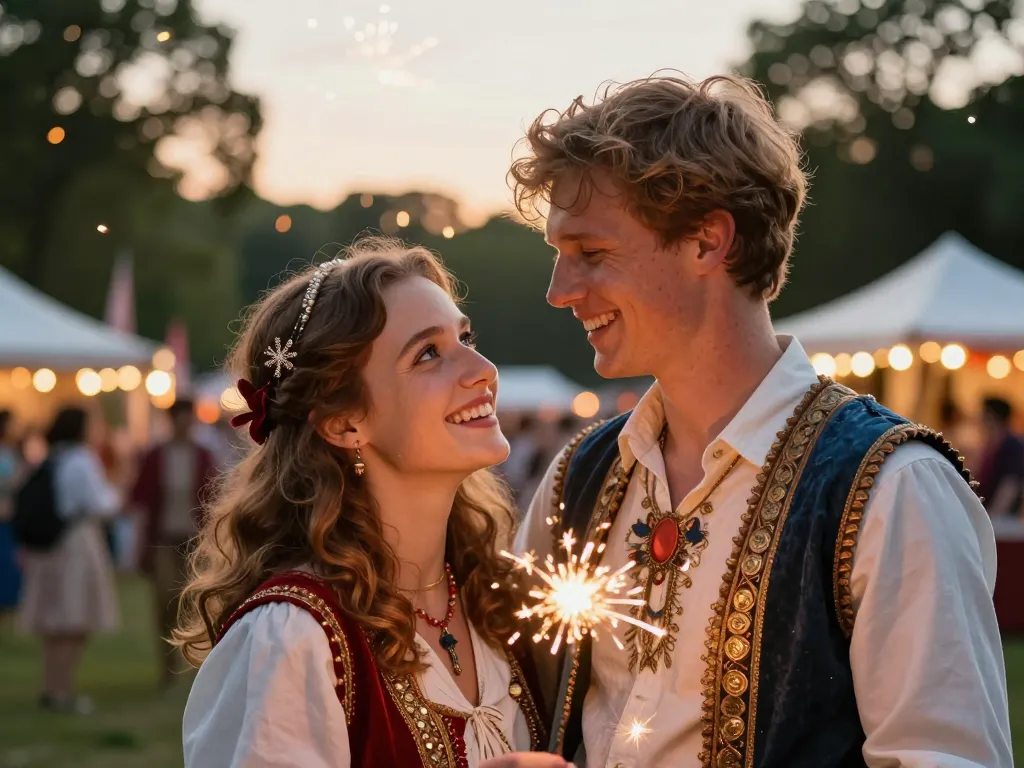 Portrait d'Amélie et Thomas souriants et costumés lors d'un carnaval en plein air avec des feux d'artifice en arrière-plan.