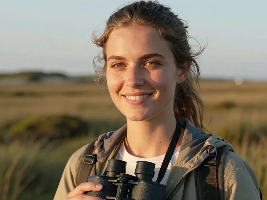 Portrait de Julie, guide locale passionnée, souriant devant un paysage côtier préservé en Charente-Maritime.