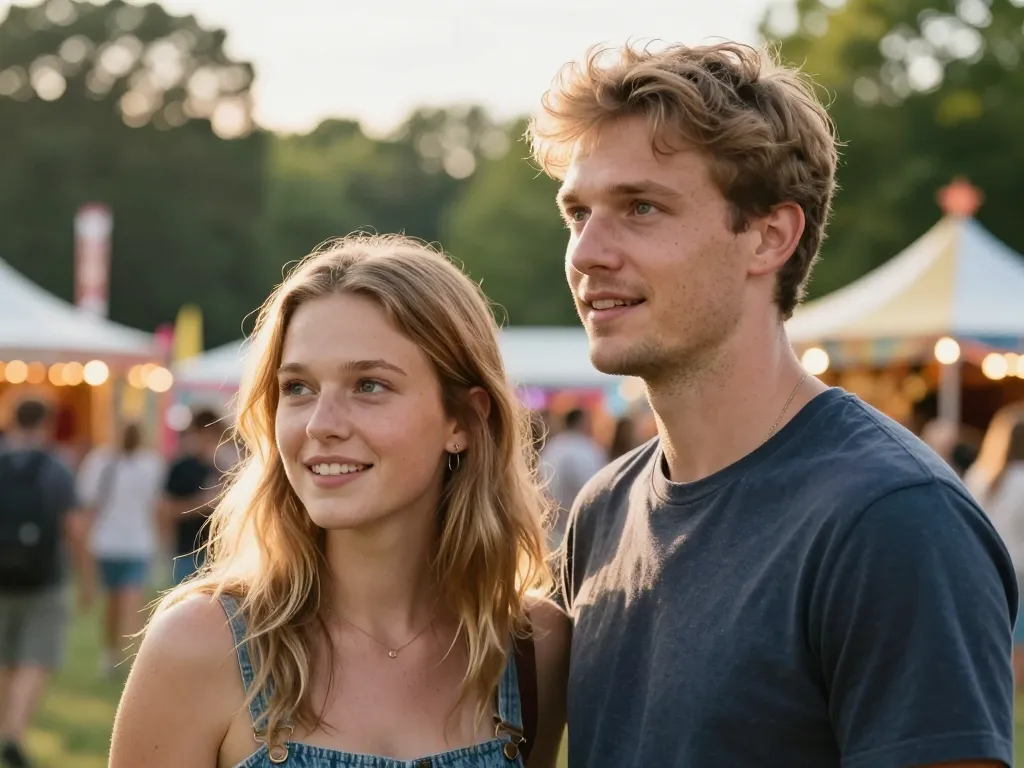 Portrait réaliste de Sarah et Lucas souriant lors d'un festival en plein air sous une lumière chaleureuse.