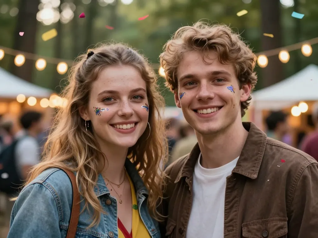 Portrait de Thomas et Sarah lors d'un festival de plein air en forêt avec des lumières festives.