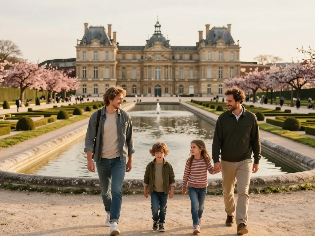 Une famille se promène joyeusement dans les allées verdoyantes du Domaine de Sceaux sous une lumière printanière.