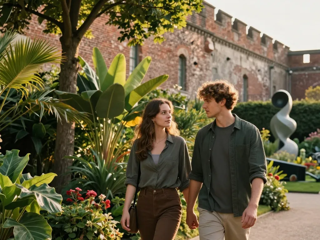 Un couple se promène au cœur du Jardin des Géants à Lille parmi la végétation luxuriante et les sculptures contemporaines avec la Citadelle en arrière-plan.