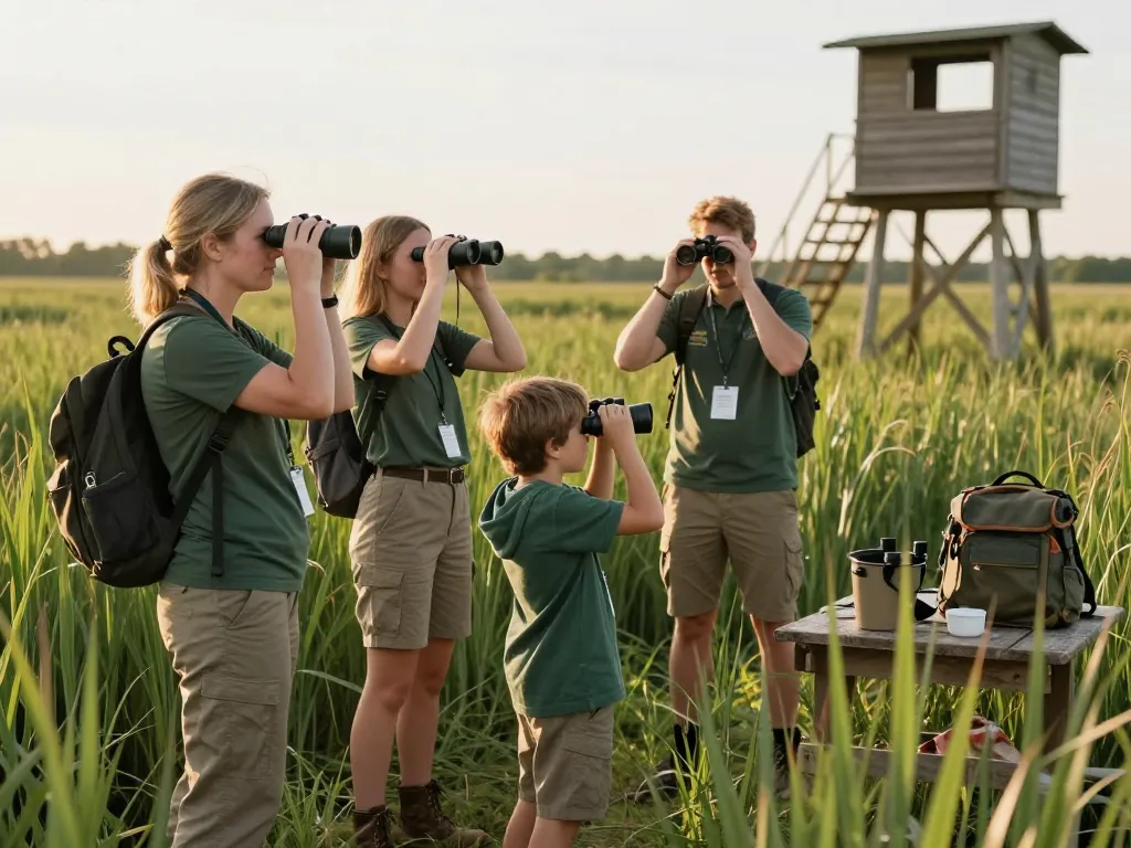 Bénévoles et enfant observant les oiseaux avec des jumelles au cœur d'un espace naturel protégé par la LPO et le CEN.