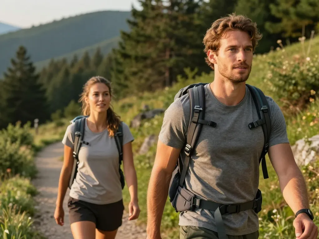 Un couple souriant en pleine randonnée dans une forêt ensoleillée, illustrant la vitalité et le bien-être au naturel.
