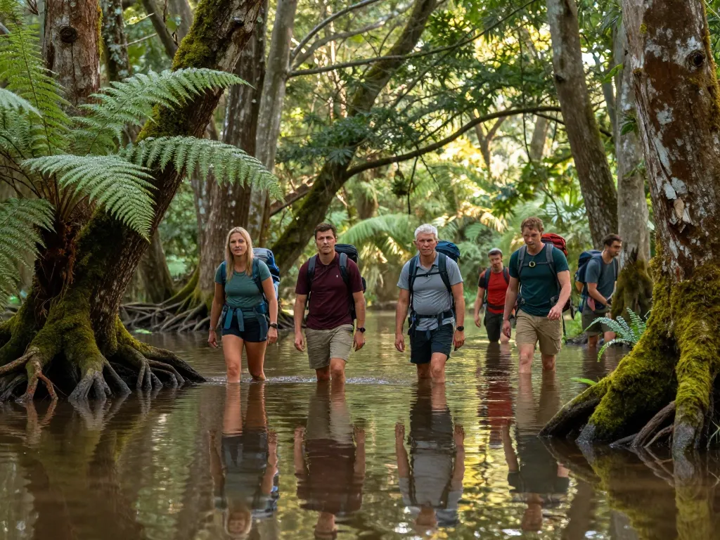 Groupe de marcheurs contemplant la végétation luxuriante et les reflets d'une forêt alluviale inondée au lever du soleil.